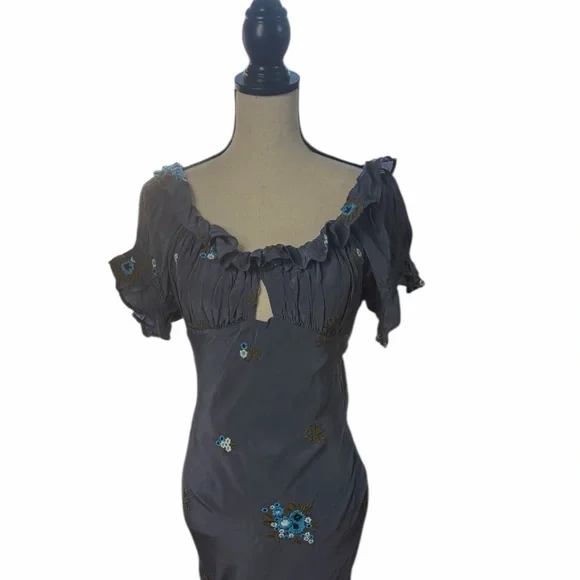 New Free People Bali Santa Cruz Ruffle Blue Floral Embroidered Maxi Dress M - Picture 6 of 16